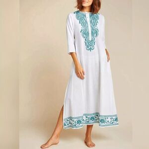 ROLLER RABBIT - M Koma Embroidered Caftan Long Kurta Maxi Green White Boho $198